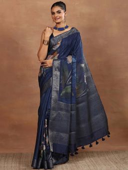 Libas - Navy Blue Floral Printed Saree with Unstitched Blouse