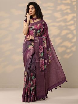 Libas - Wine Floral Printed Saree with Unstitched Blouse