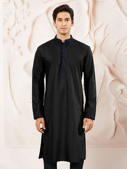 Vastramay - Men Black Silk Blend Yoke Embroidered Kurta