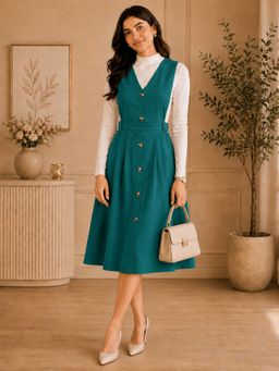 WineRed - Women Solid Teal Button-Down Pinafore Dress
