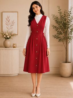 WineRed - Women Solid Maroon Button-Down Pinafore Dress