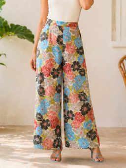 WineRed - Multicolour Floral Print Mid-Rise Wide Leg Trousers