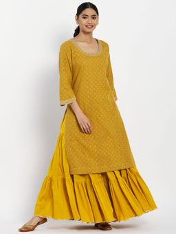 Fabindia - Mustard Cotton Printed Straight Kurta (Set of 2)