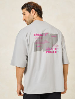 Styli - Mens Grey Slogan Print Athleisure Boxy Cotton T-Shirt