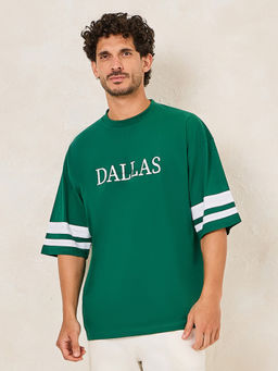 Styli - Men Green Varsity Chest Print Boxy Fit Cotton Tee