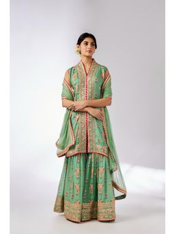 Gopi Vaid - Green Dhriti Sleeveless Sharara with Kurta and Dupatta (Set of 3)