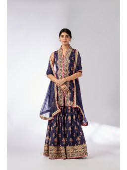 Gopi Vaid - Navy Blue Dhriti Sleeveless Sharara with Kurta and Dupatta (Set of 3)