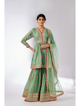 Gopi Vaid - Green Samiksha Peplum Kurta with Sharara and Dupatta (Set of 3)