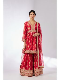 Gopi Vaid - Red Samiksha Peplum Kurta with Sharara and Dupatta (Set of 3)