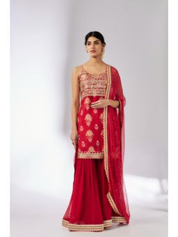 Gopi Vaid - Red Chhaya Strappy Sharara with Kurta and Dupatta (Set of 3)
