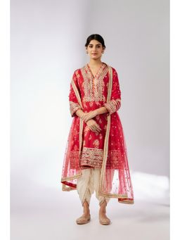 Gopi Vaid - Red Ekta Dhoti with Kurta and Dupatta (Set of 3)