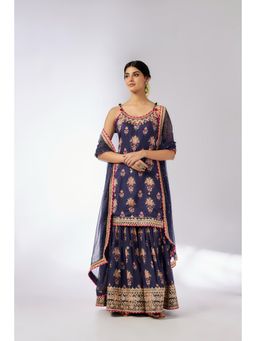 Gopi Vaid - Navy Blue Advika Strappy Sharara with Kurta and Dupatta (Set of 3)