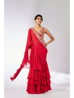 Gopi Vaid - Red Shifa Pre Draped Saree with Stitched Blouse