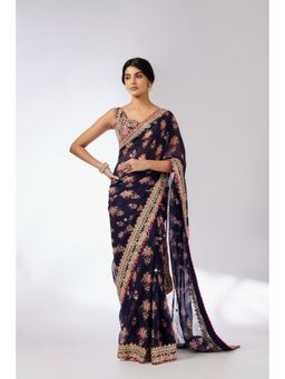Gopi Vaid - Navy Blue Masoom Saree with Stitched Blouse and Petticoat