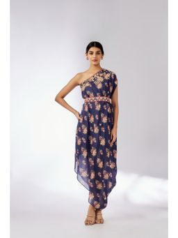 Gopi Vaid - Navy Blue Zoya Midi Dress with Belt (Set of 2)