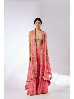 Gopi Vaid - Pink Jisha Bustier with Palazzo and Cape (Set of 3)
