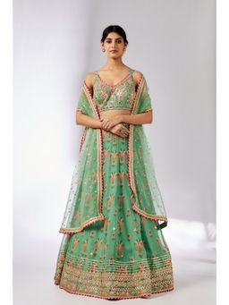 Gopi Vaid - Green Malini Lehenga with Blouse and Dupatta (Set of 3)