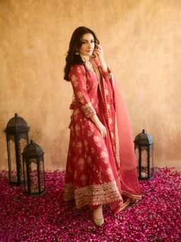 Gopi Vaid - Red Soha Anarkali with Churidar and Dupatta (Set of 3)