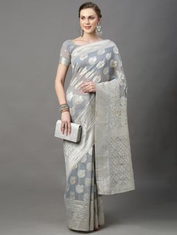 Akhilam - Womens Cotton Silk Grey Woven Design Saree with Unstitched Blouse