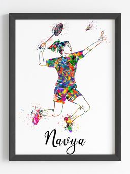 My Kids Wall - Badminton Player Girl Personalised Wall Art (Framed)-Black