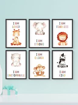 My Kids Wall - Cute Animals with Positive Affirmations Wall Art (Framed)-Black (32x23 cm)