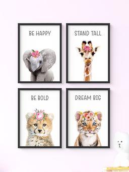 My Kids Wall - Floral Motivational Baby Animals Wall Art (Framed)-Black (32x23 cm)