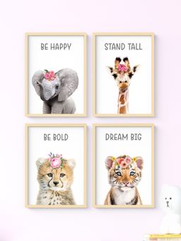 My Kids Wall - Floral Motivational Baby Animals Wall Art (Framed)-Beige (32x23 cm)
