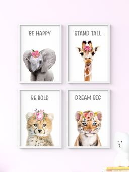 My Kids Wall - Floral Motivational Baby Animals Wall Art (Framed)-White (32x23 cm)