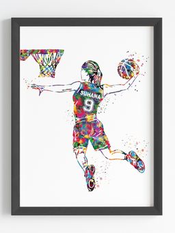 My Kids Wall - Basketball Player Girl Dunk Personalised Wall Art (Framed)-Black