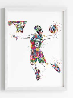 My Kids Wall - Basketball Player Girl Dunk Personalised Wall Art (Framed)-White