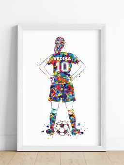 My Kids Wall - Football Player Personalised Wall Art For Girl (Framed)-White