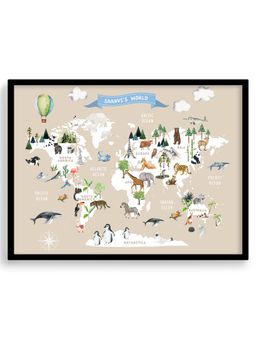 My Kids Wall - Animal World Map Poster Beige (Framed)-Black