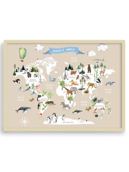 My Kids Wall - Animal World Map Poster Beige (Framed)-Beige