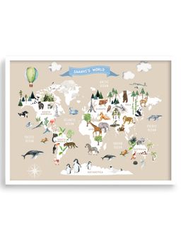 My Kids Wall - Animal World Map Poster Beige (Framed)-White