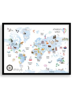 My Kids Wall - Fun & Learn Watercolor Animals World Map (Framed)-Black
