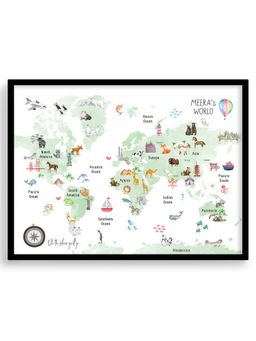 My Kids Wall - Fun & Learn Watercolor Animals World Map (Framed)-Black