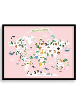 My Kids Wall - Educational Animal World Map Pink (Framed)-Black