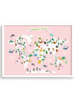 My Kids Wall - Educational Animal World Map Pink (Framed)-White