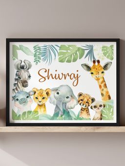 My Kids Wall - Baby Safari Animals Name Wall Art (Framed)-Black