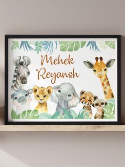 My Kids Wall - Baby Safari Animals Siblings Name Wall Art (Framed)-Black
