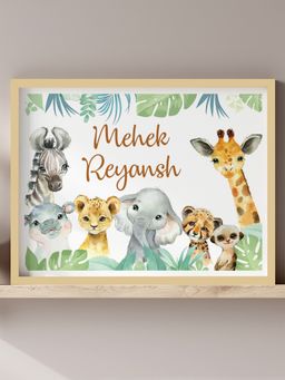 My Kids Wall - Baby Safari Animals Siblings Name Wall Art (Framed)-Beige