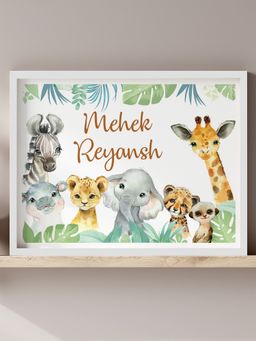 My Kids Wall - Baby Safari Animals Siblings Name Wall Art (Framed)-White