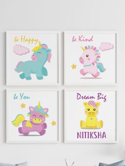 My Kids Wall - Unicorn Inspirational Personalised Wall Art (Framed Set of 4)-White (22.5x22.5 cm)