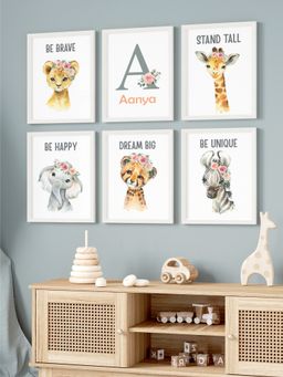 My Kids Wall - Watercolor Baby Animals Personalised Wall Art (Framed)-White (32x23 cm)