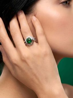 ADIVA - Women Silver Plated Green American Diamond Studded Adjustable Ring