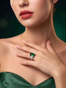 ADIVA - Women Silver Plated Green American Diamond Adjustable Finger Ring