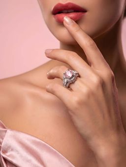 ADIVA - Women Silver Plated Pink American Diamond Studded Adjustable Ring