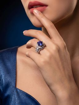 ADIVA - Women Silver Plated Blue American Diamond Adjustable Finger Ring