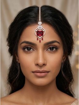 Adwitiya - Women Rose Gold Plated Ruby Red Stone Maangtikka