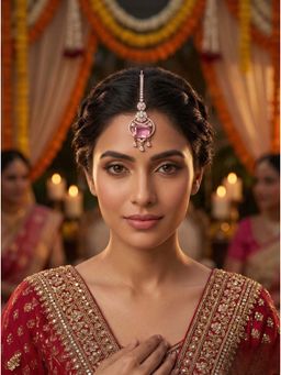 Adwitiya - Women Rose Gold Plated Baby Pink Stone Maangtikka